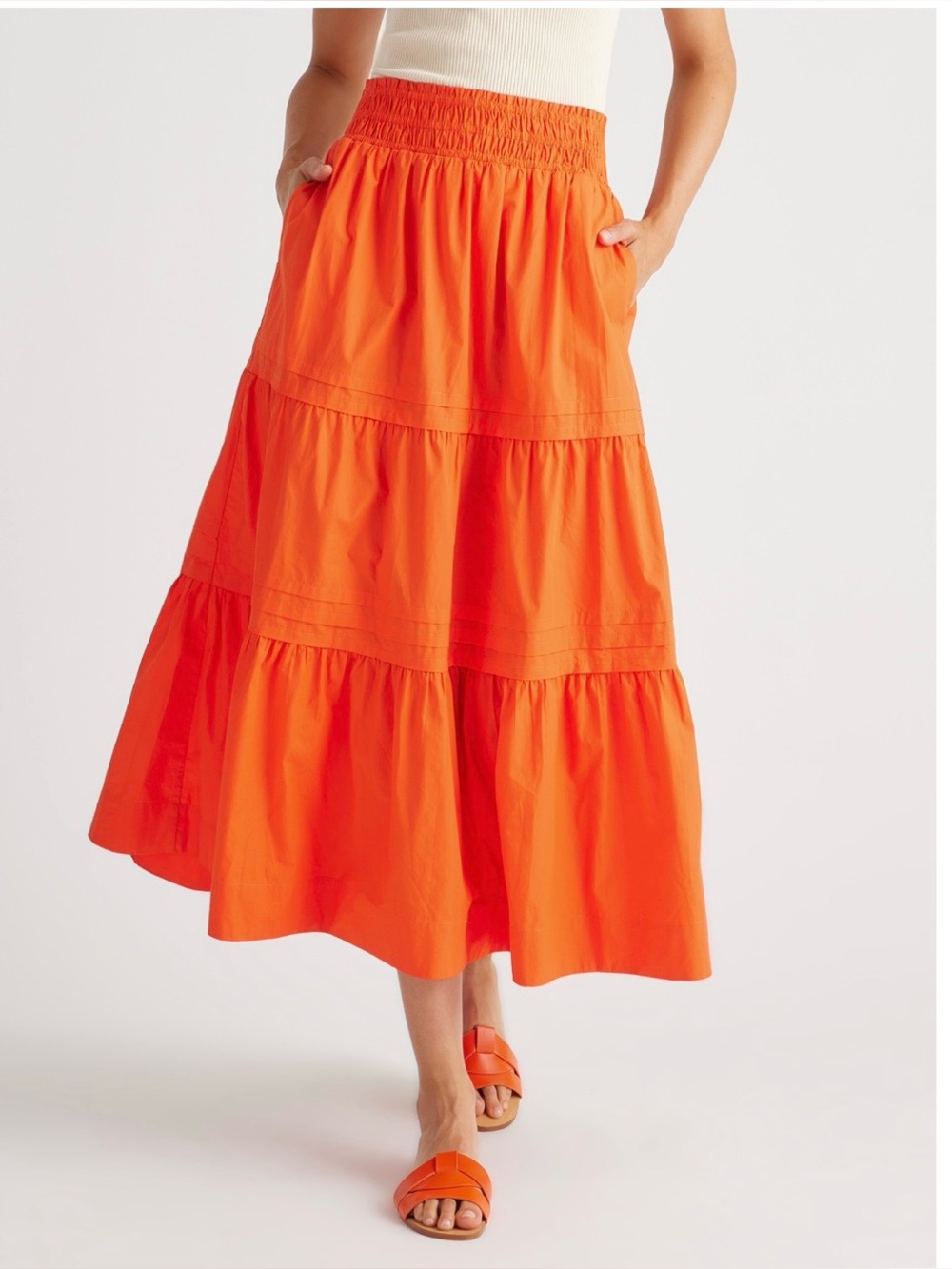 Tiered Midi Skirt in Orange-Red